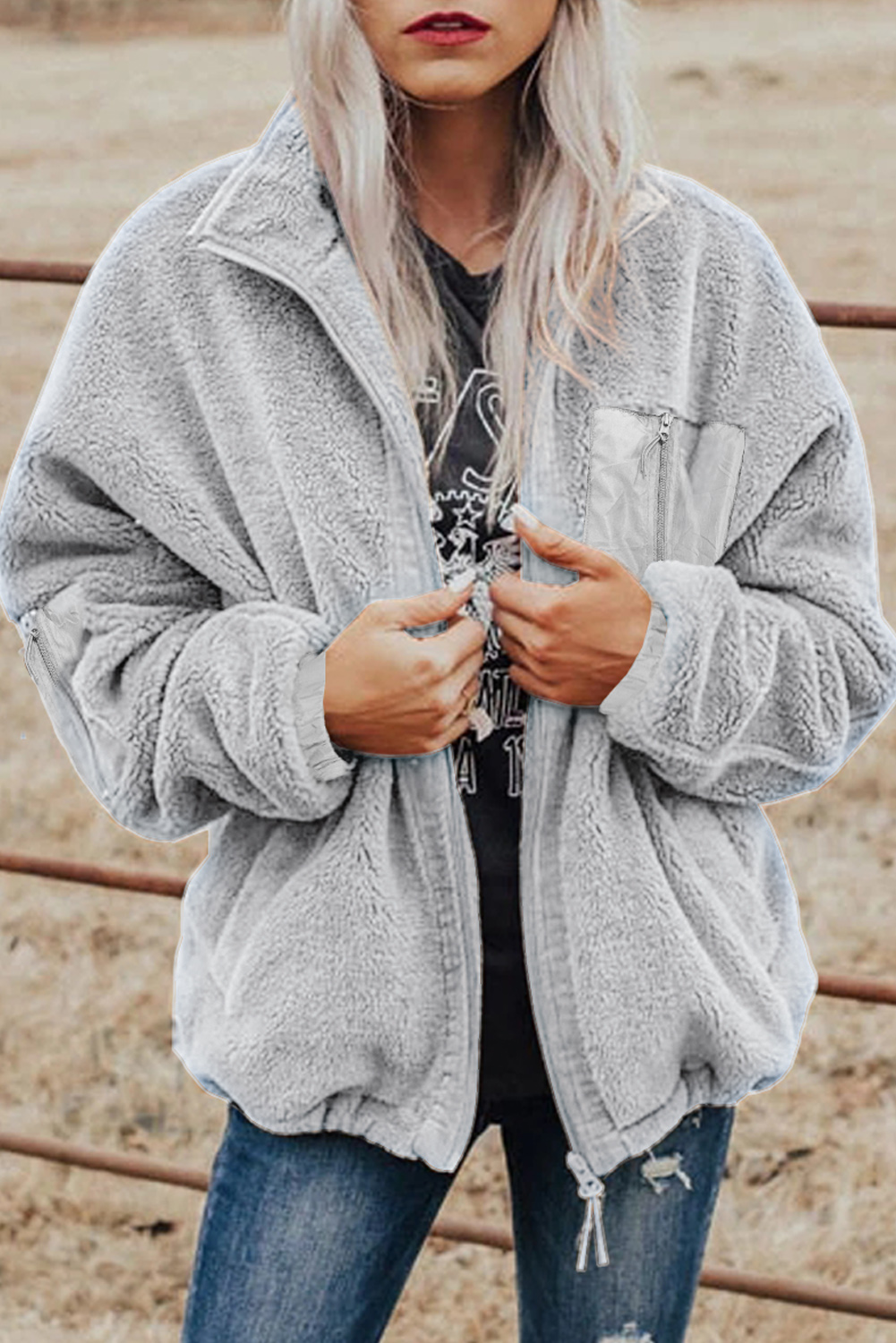 Blue Black Zip Up Sherpa Coat with Pocket