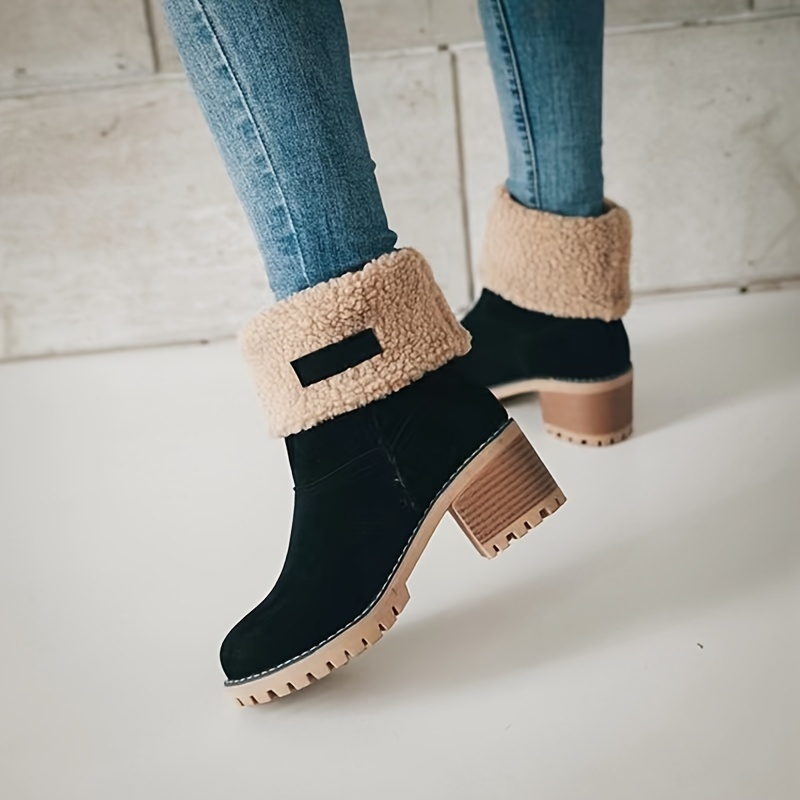 Women's Chunky Heel Slip-On Plush Lined Ankle Boots