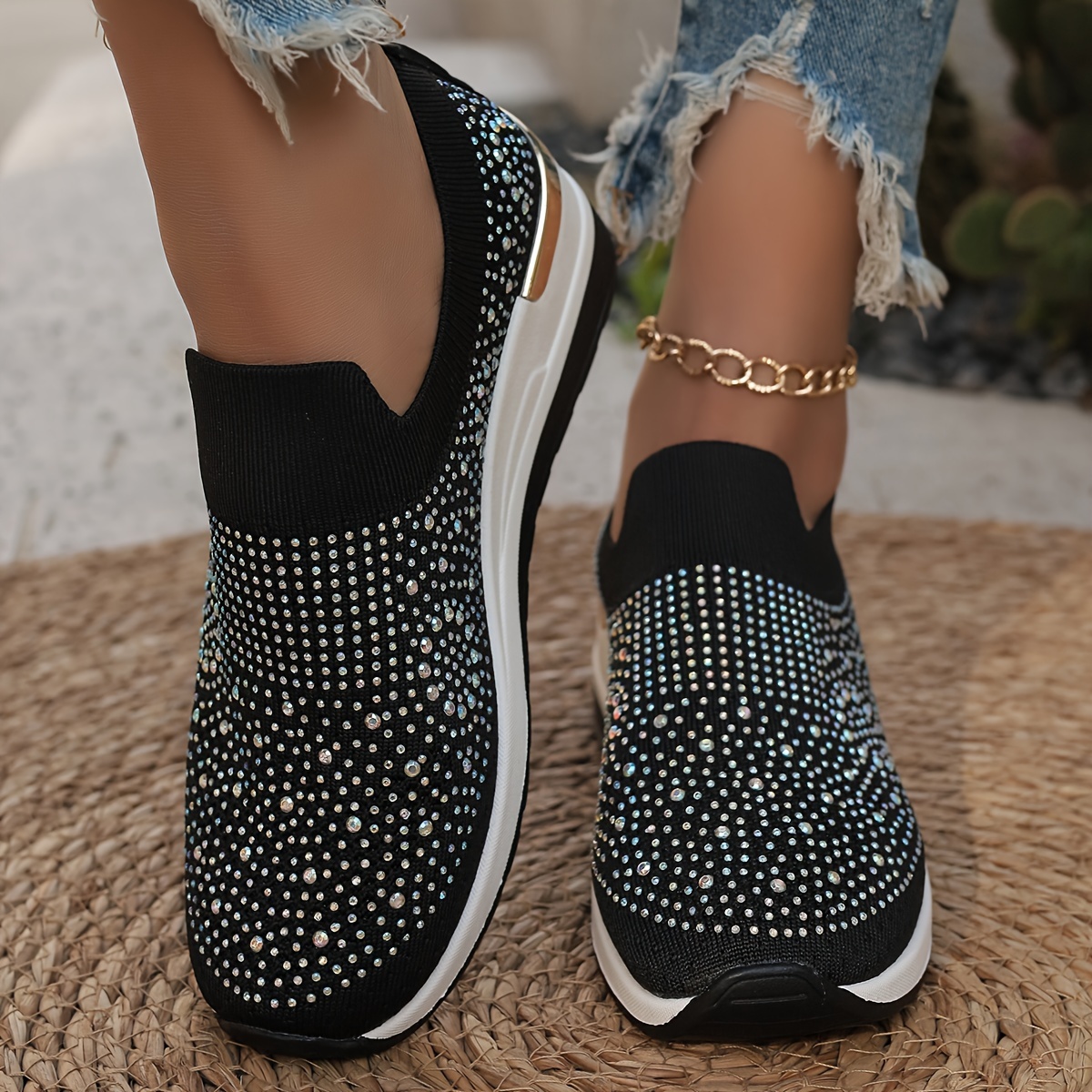 Women's Rhinestone Decor Platform Sneakers