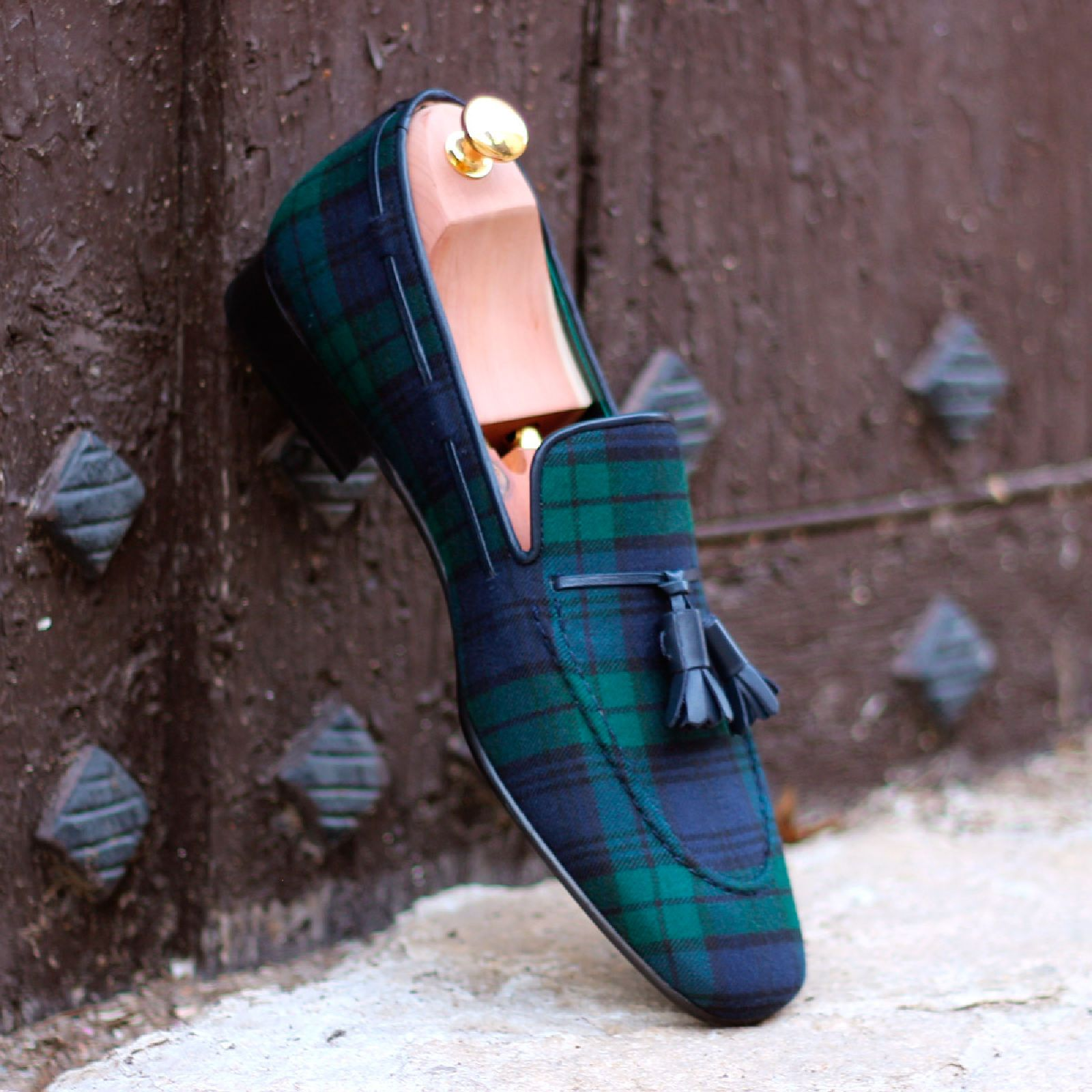 Blue and Green Check Pattern Tassel Slipon Loafers-Zittor