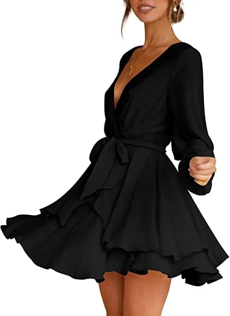 🔥V-Neck Waist Tie Ruffle Mini Swing Skater Dresses❤️Buy 2 Free Shipping
