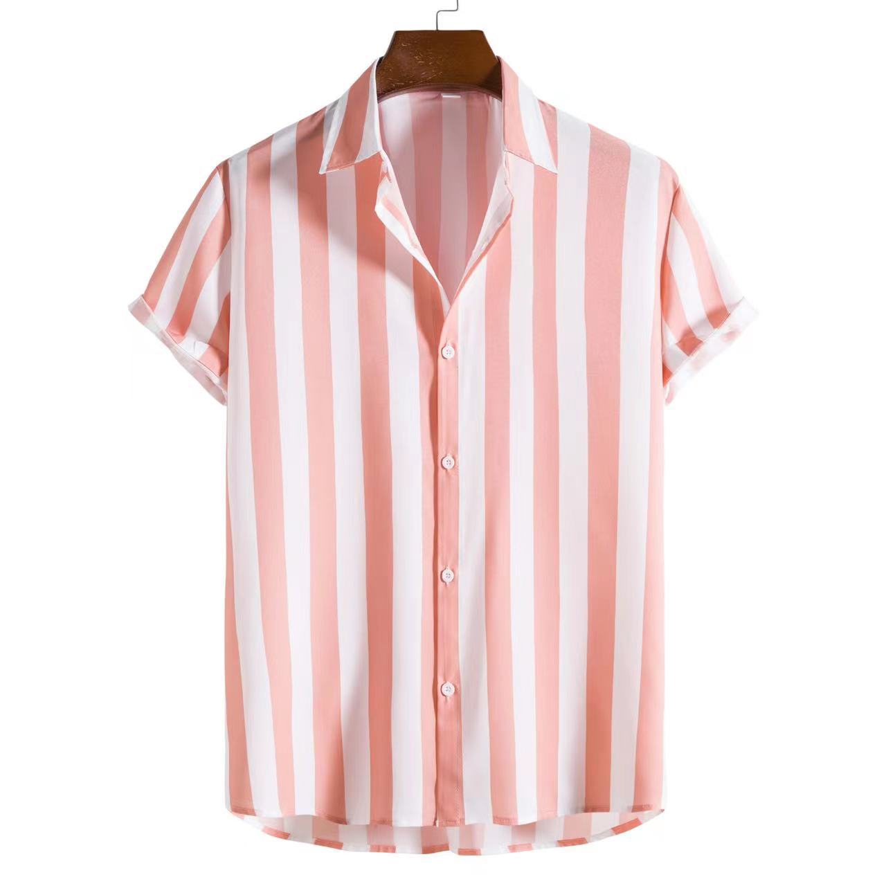 Men's Fashion Striped Contrast Loose Short Sleeve Lapel Shirt