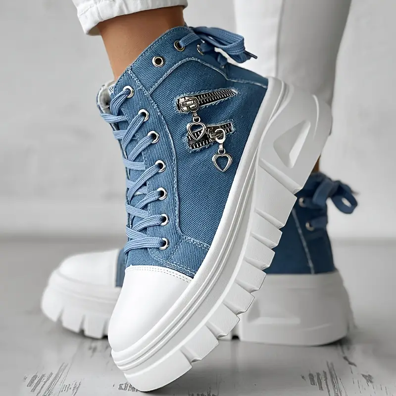 Women s Solid Color Denim Sneakers Lace Platform Soft Sole details 3