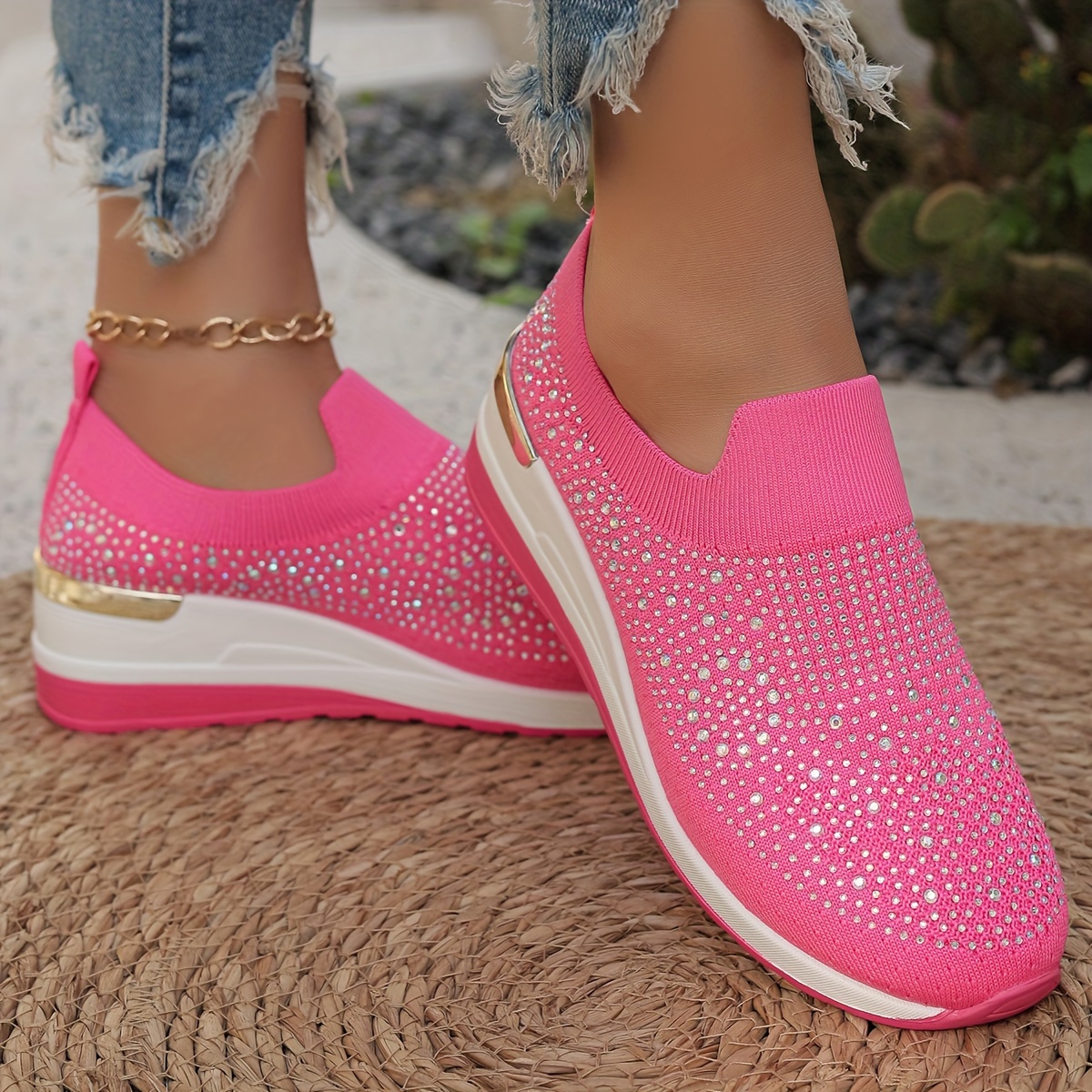 Women's Rhinestone Decor Platform Sneakers