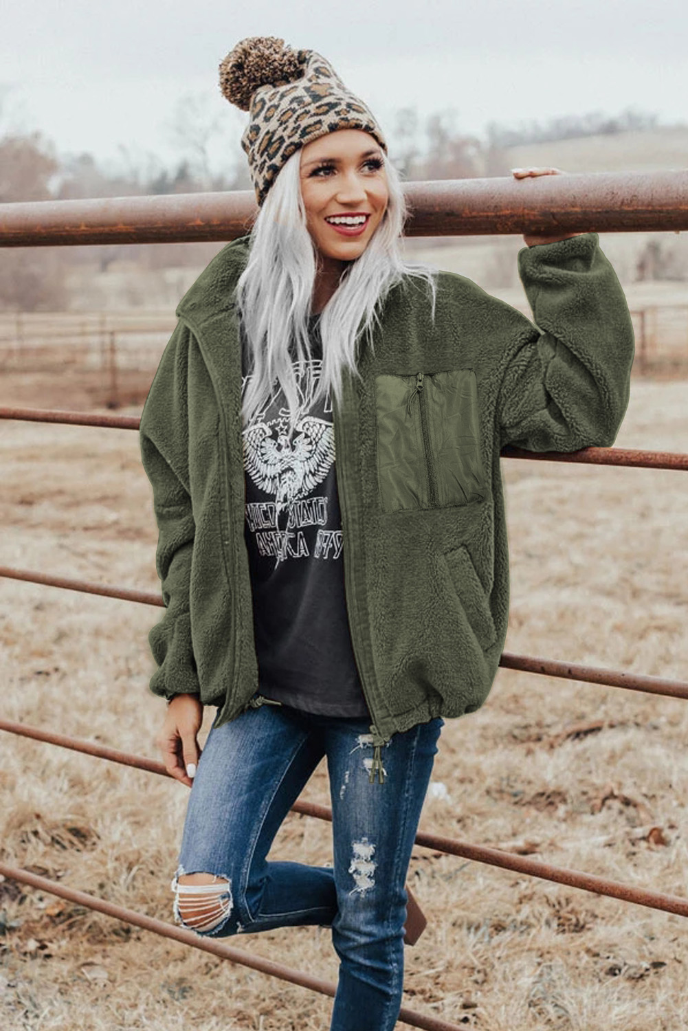 Blue Black Zip Up Sherpa Coat with Pocket