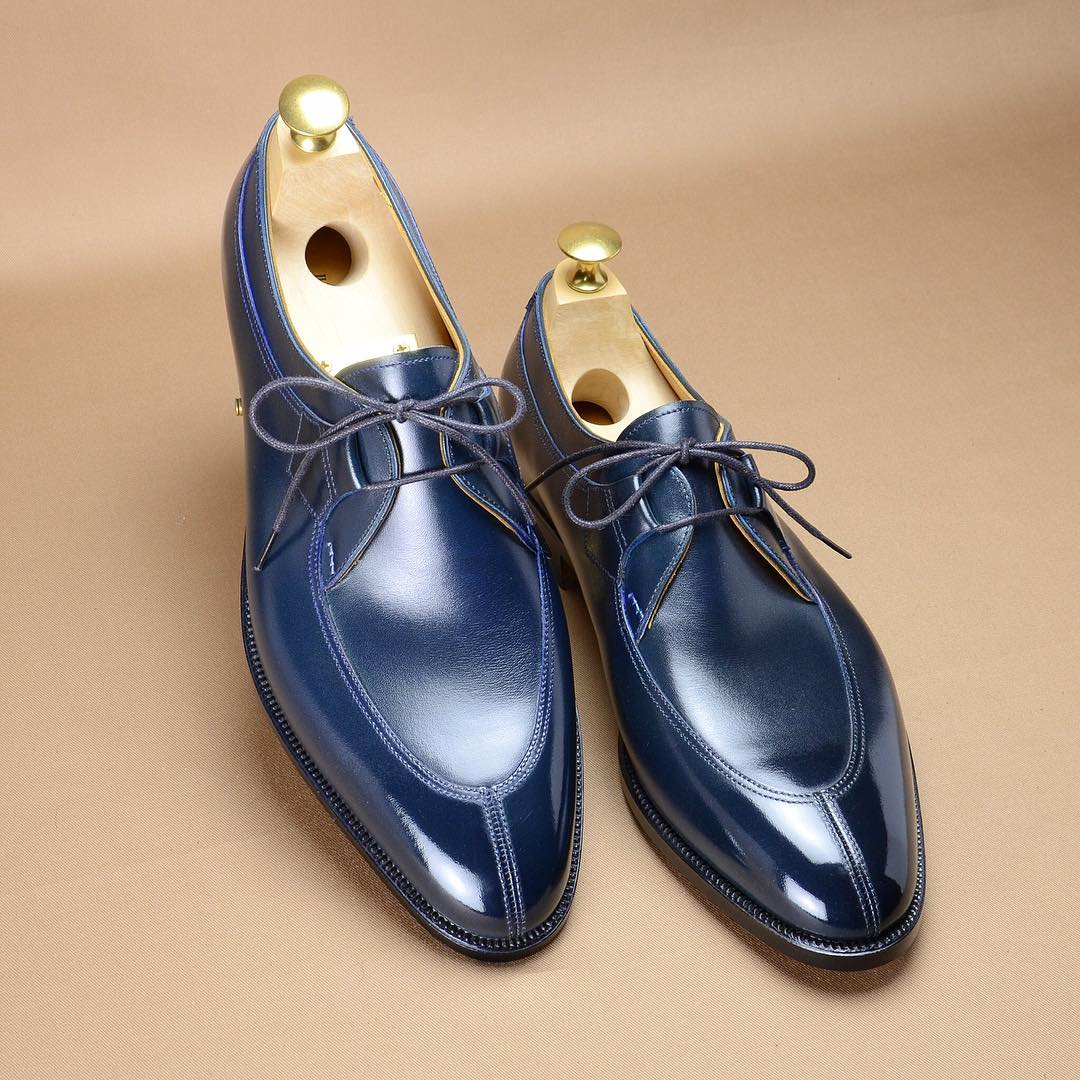 Blue leather classic lace-up handmade dress shoes-Zittor
