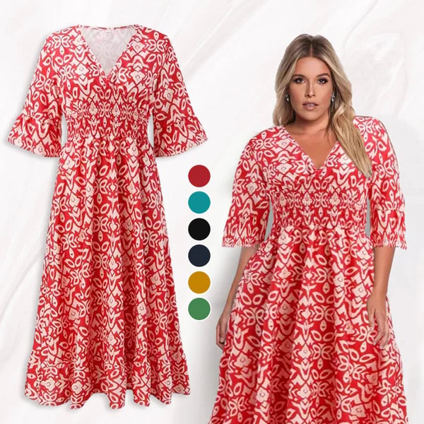 🌸 💞Casual Printed V-Neck Long Dress
