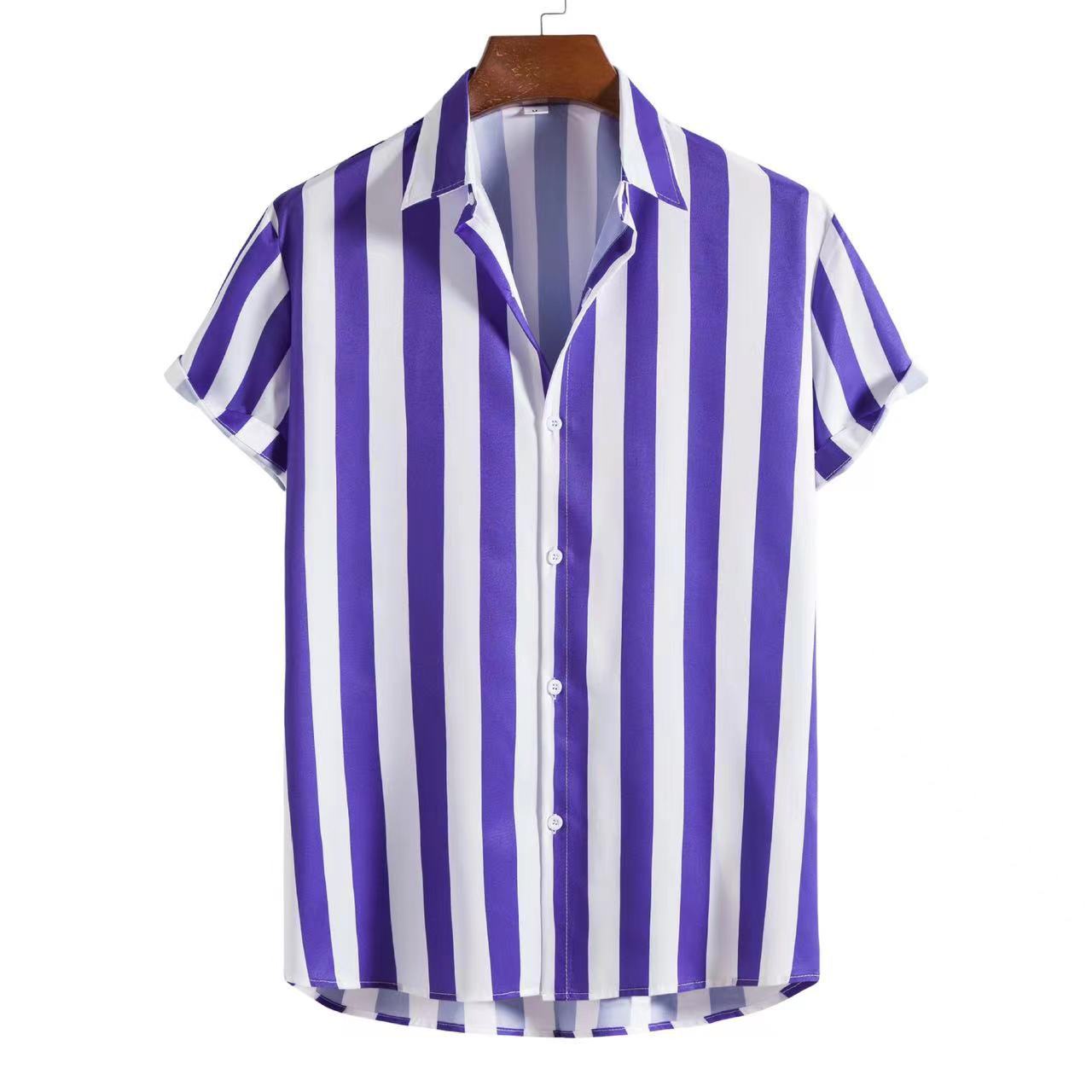 Men's Fashion Striped Contrast Loose Short Sleeve Lapel Shirt
