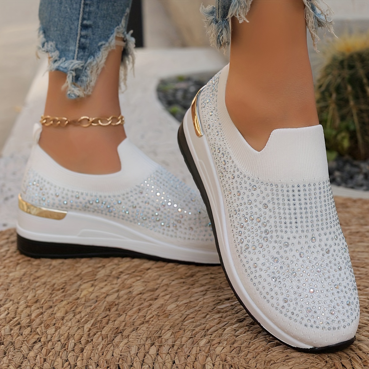 Women's Rhinestone Decor Platform Sneakers