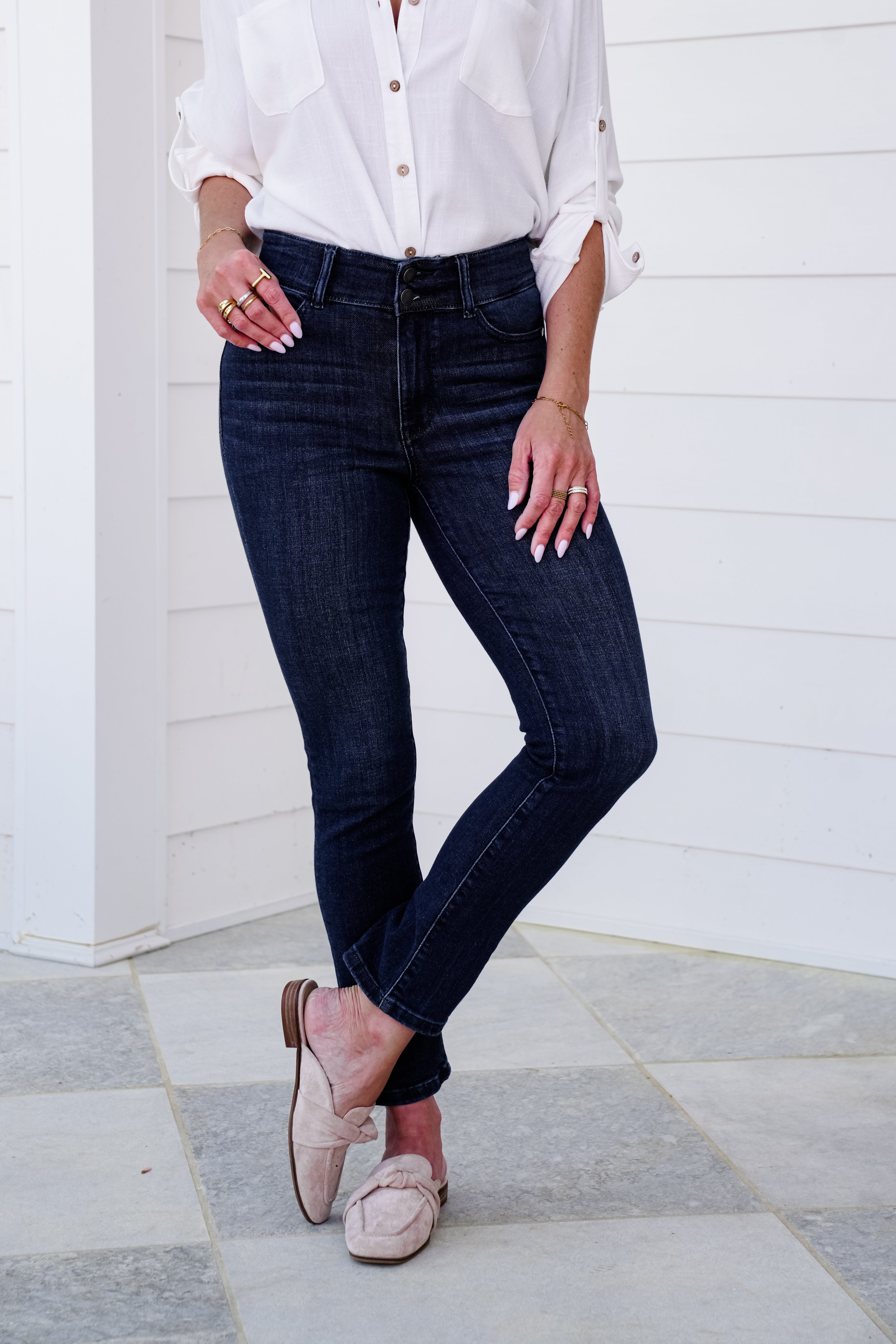 High Rise Dark Wash Double Waist Band Capri