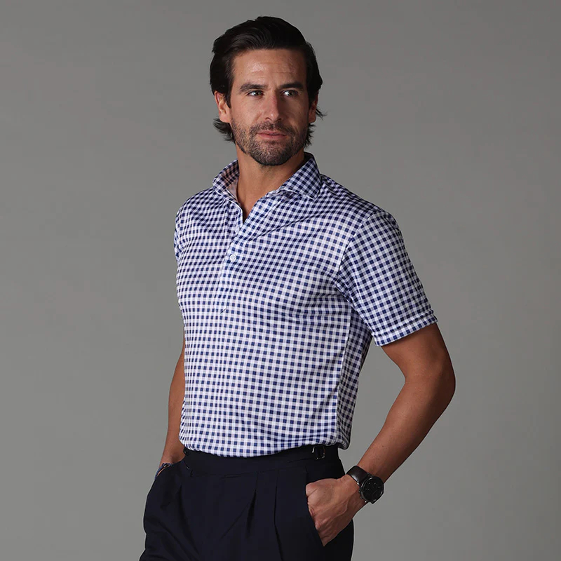 Semi-Spread Collar Polo Blue Houndstooth