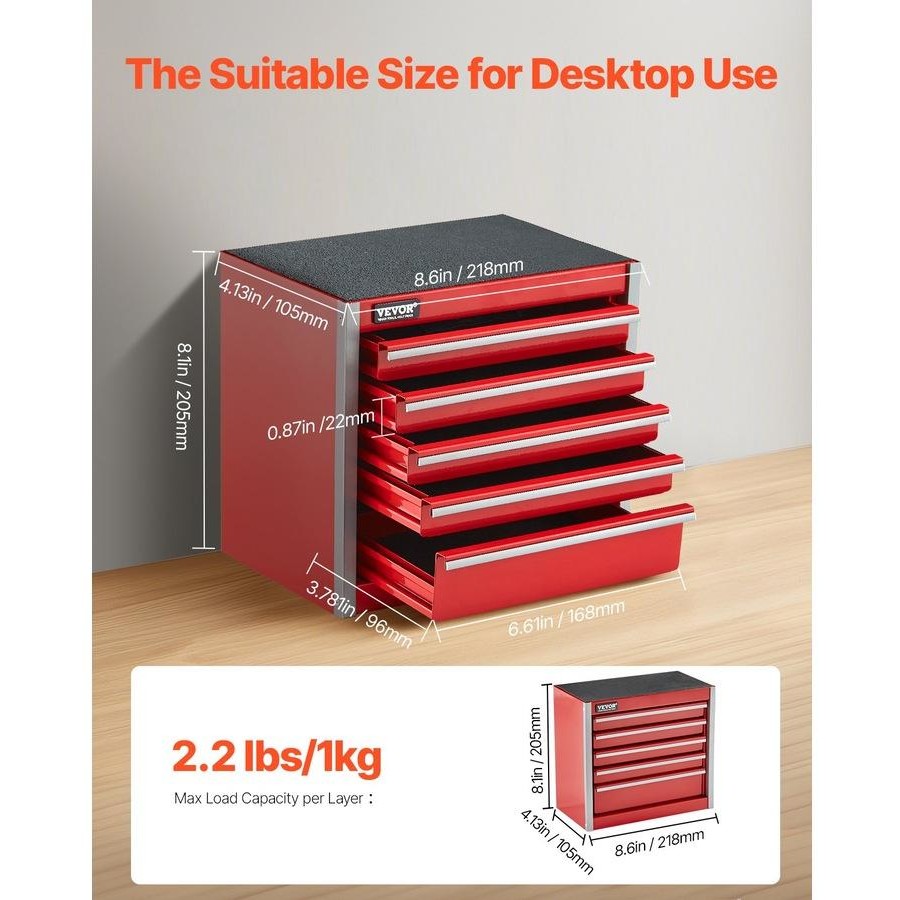 Tool Box 218.4 mm Portable Metal Tool Box 5 Drawers Tool Organizer