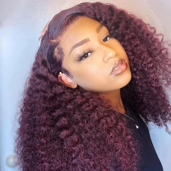Burgundy Color Kinky Curly Hair Lace Front Wigs