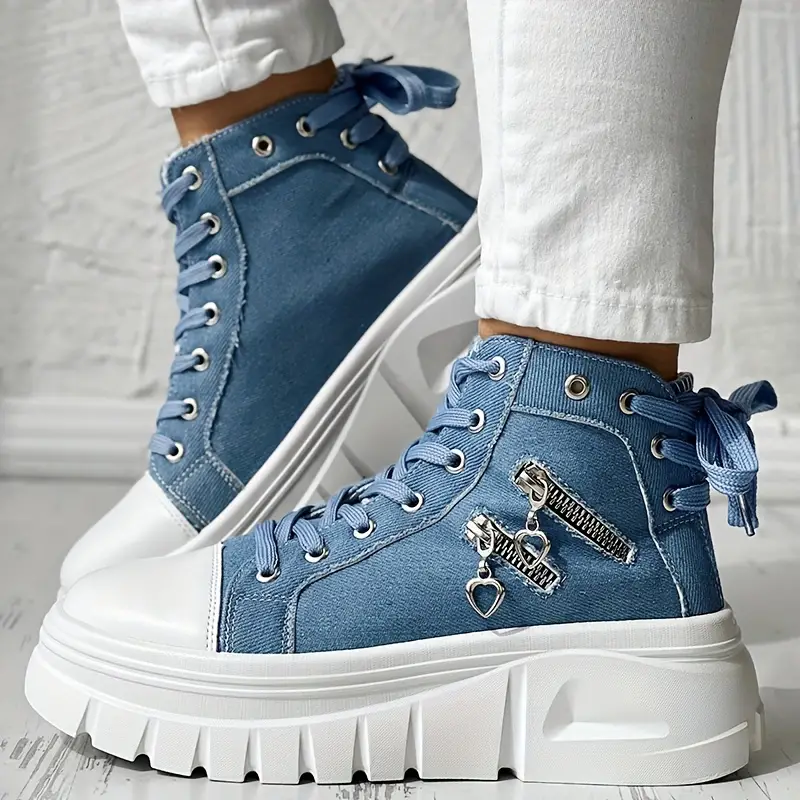 Women s Solid Color Denim Sneakers Lace Platform Soft Sole details 2