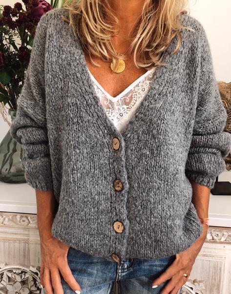 Casual Cotton-Blend V Neck Cardigan-Outerwear