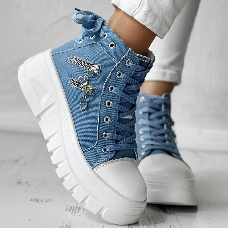 Women s Solid Color Denim Sneakers Lace Platform Soft Sole details 4