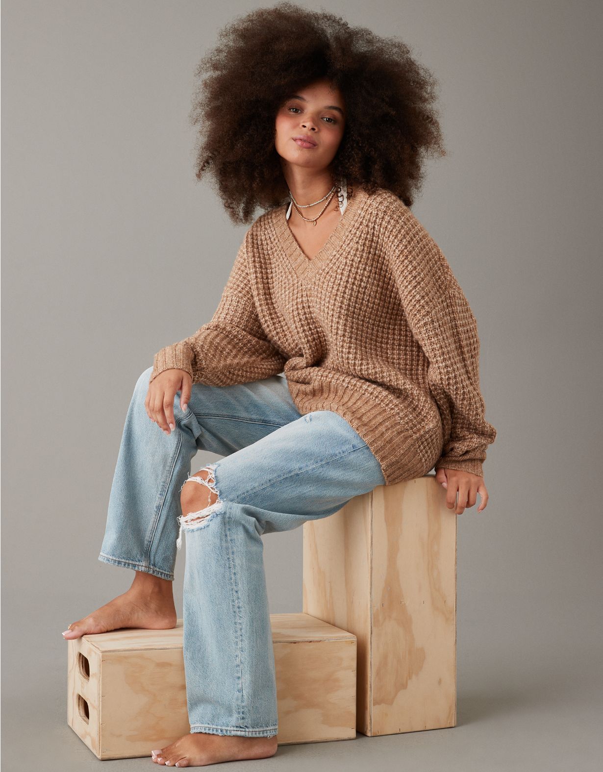Woman's Warm Waffle V-Neck Sweater