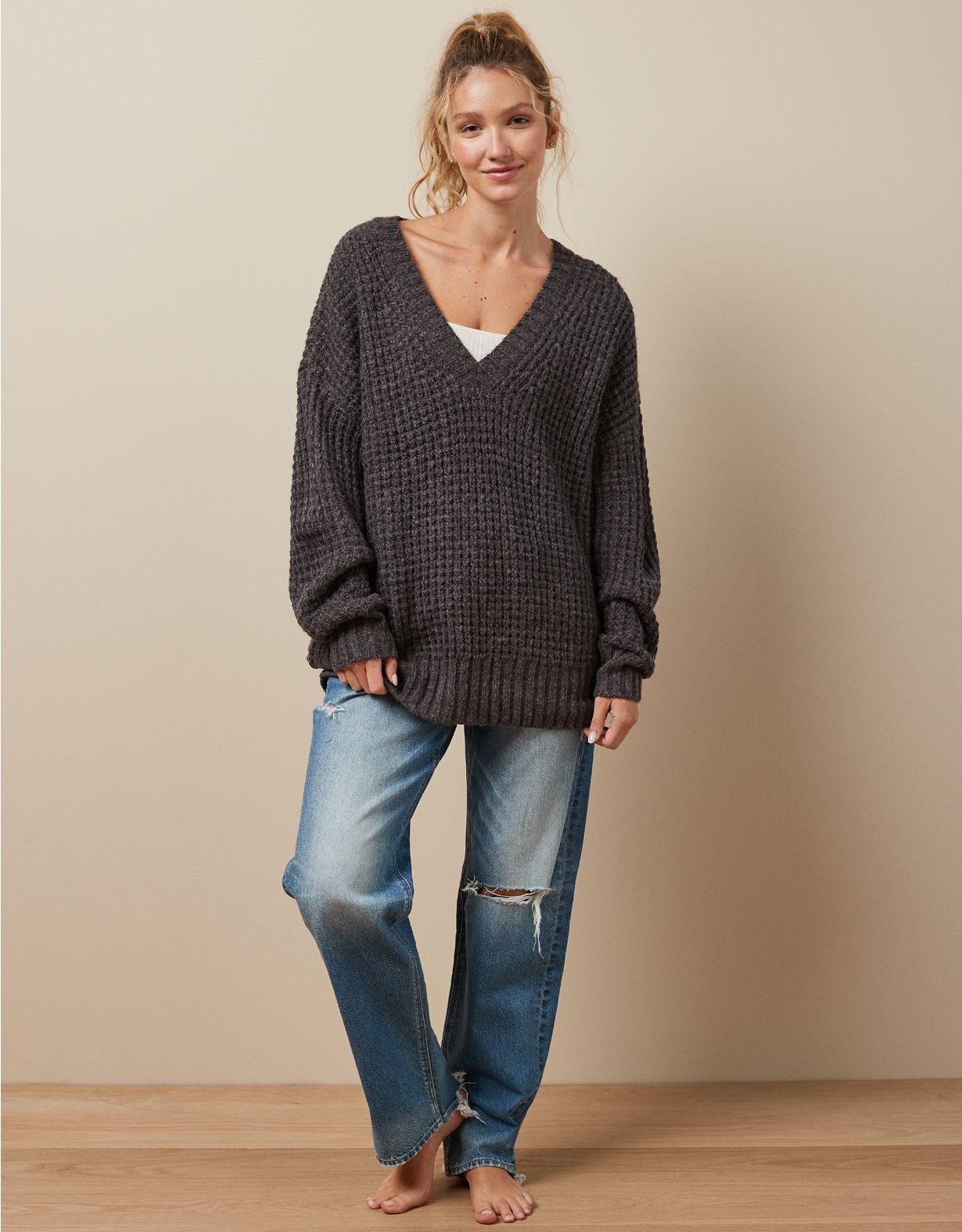 Woman's Warm Waffle V-Neck Sweater