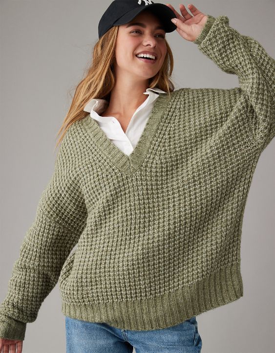 Woman's Warm Waffle V-Neck Sweater