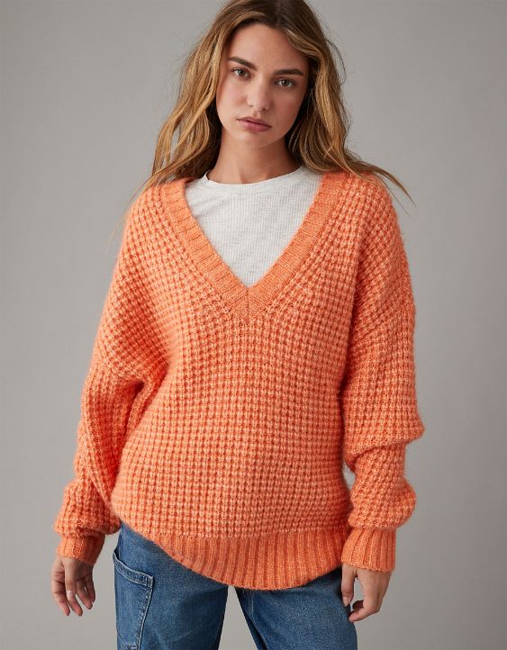 Woman's Warm Waffle V-Neck Sweater