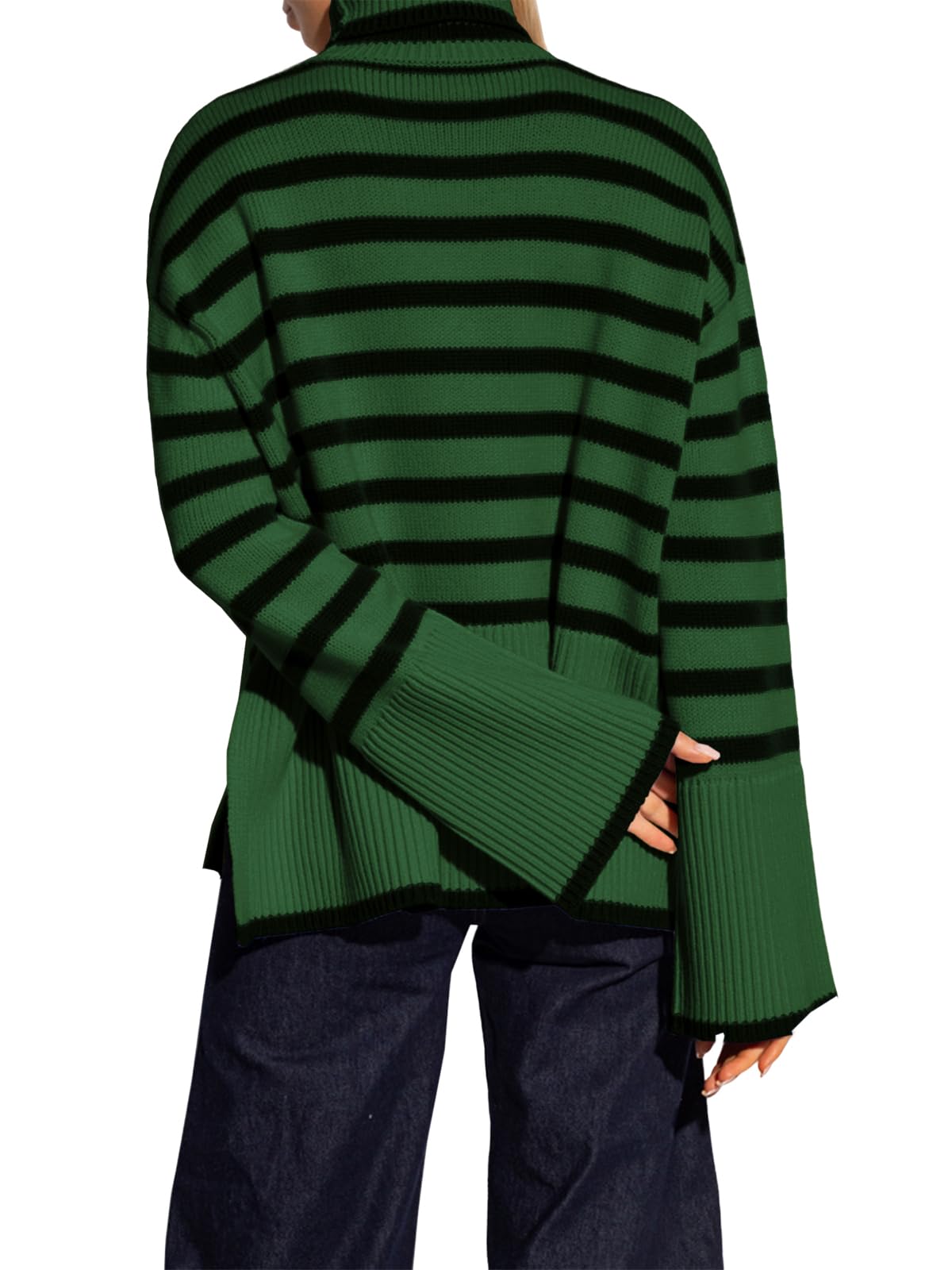 Women's Striped Turtleneck Sweater Long Sleeve Oversized Knitted Soft Pullover Sweaters Side Split