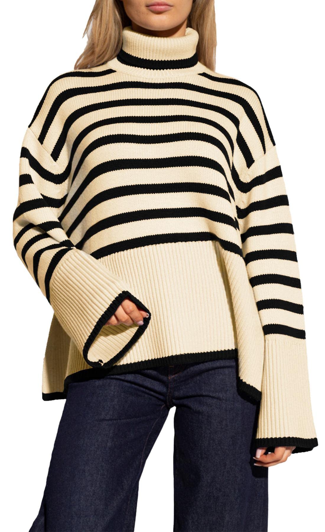 Women's Striped Turtleneck Sweater Long Sleeve Oversized Knitted Soft Pullover Sweaters Side Split