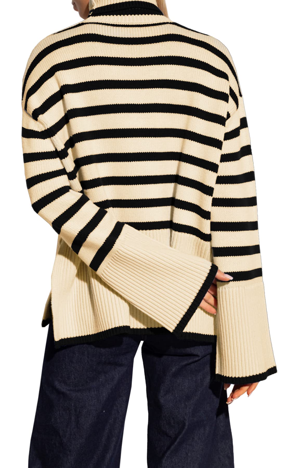 Women's Striped Turtleneck Sweater Long Sleeve Oversized Knitted Soft Pullover Sweaters Side Split