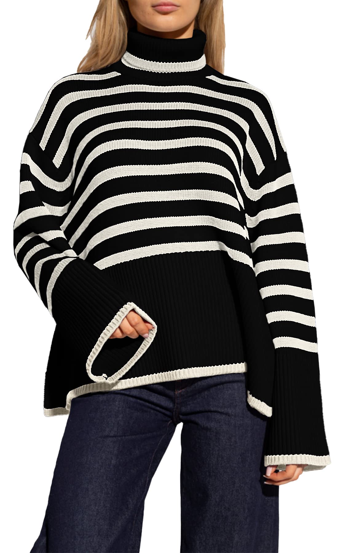 Women's Striped Turtleneck Sweater Long Sleeve Oversized Knitted Soft Pullover Sweaters Side Split