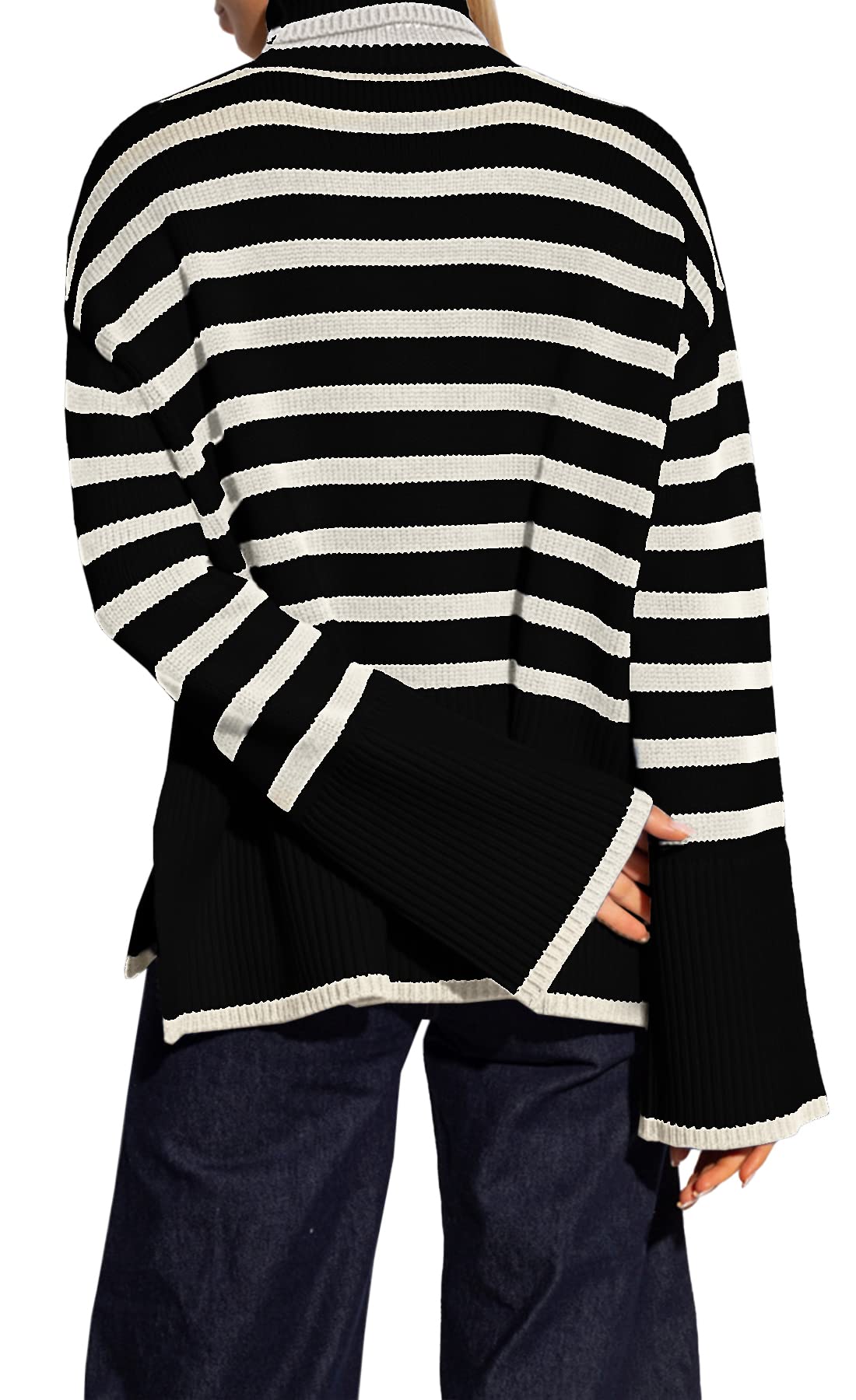 Women's Striped Turtleneck Sweater Long Sleeve Oversized Knitted Soft Pullover Sweaters Side Split
