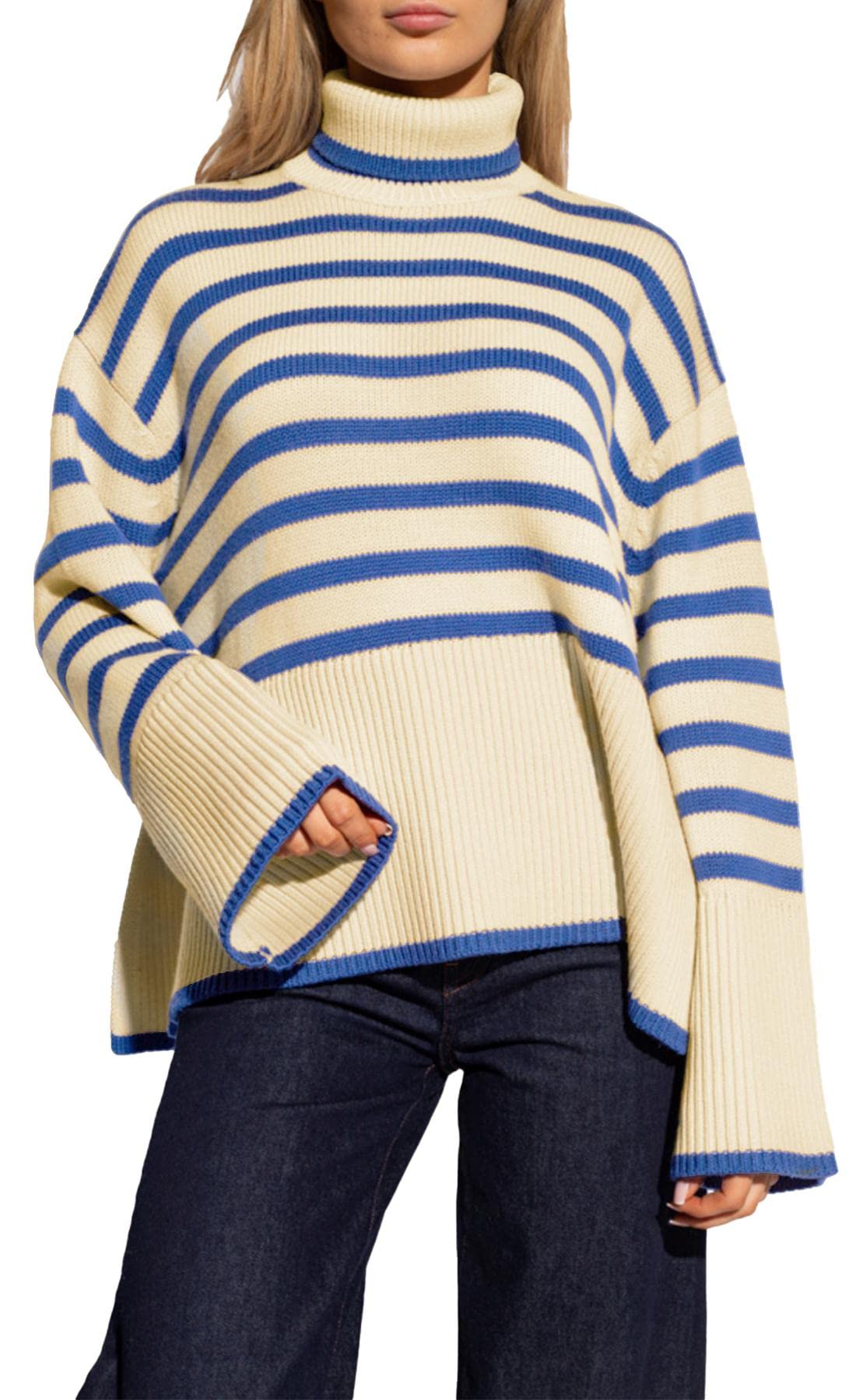 Women's Striped Turtleneck Sweater Long Sleeve Oversized Knitted Soft Pullover Sweaters Side Split