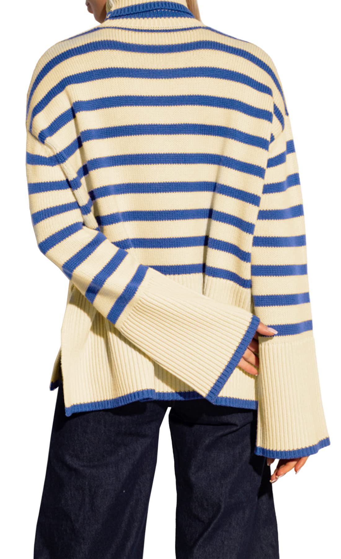 Women's Striped Turtleneck Sweater Long Sleeve Oversized Knitted Soft Pullover Sweaters Side Split
