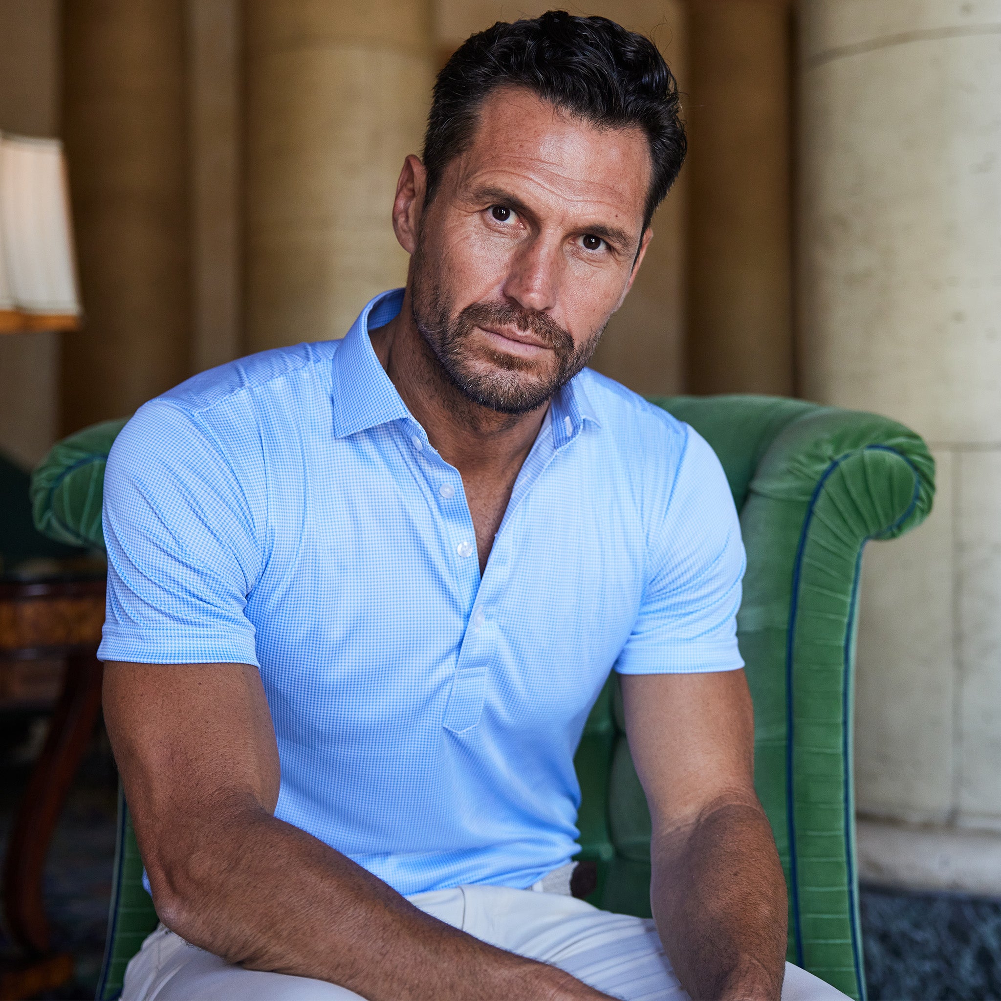 Semi-Spread Collar Polo Blue Houndstooth