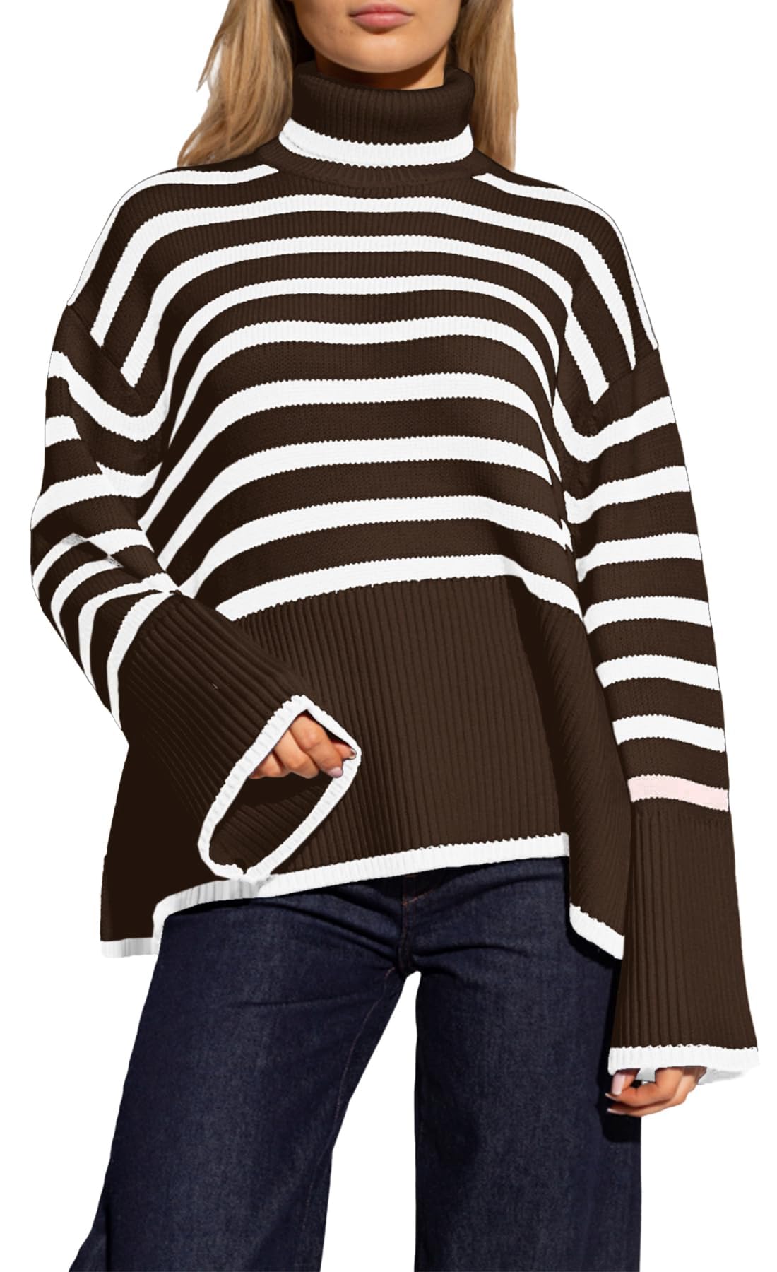 Women's Striped Turtleneck Sweater Long Sleeve Oversized Knitted Soft Pullover Sweaters Side Split
