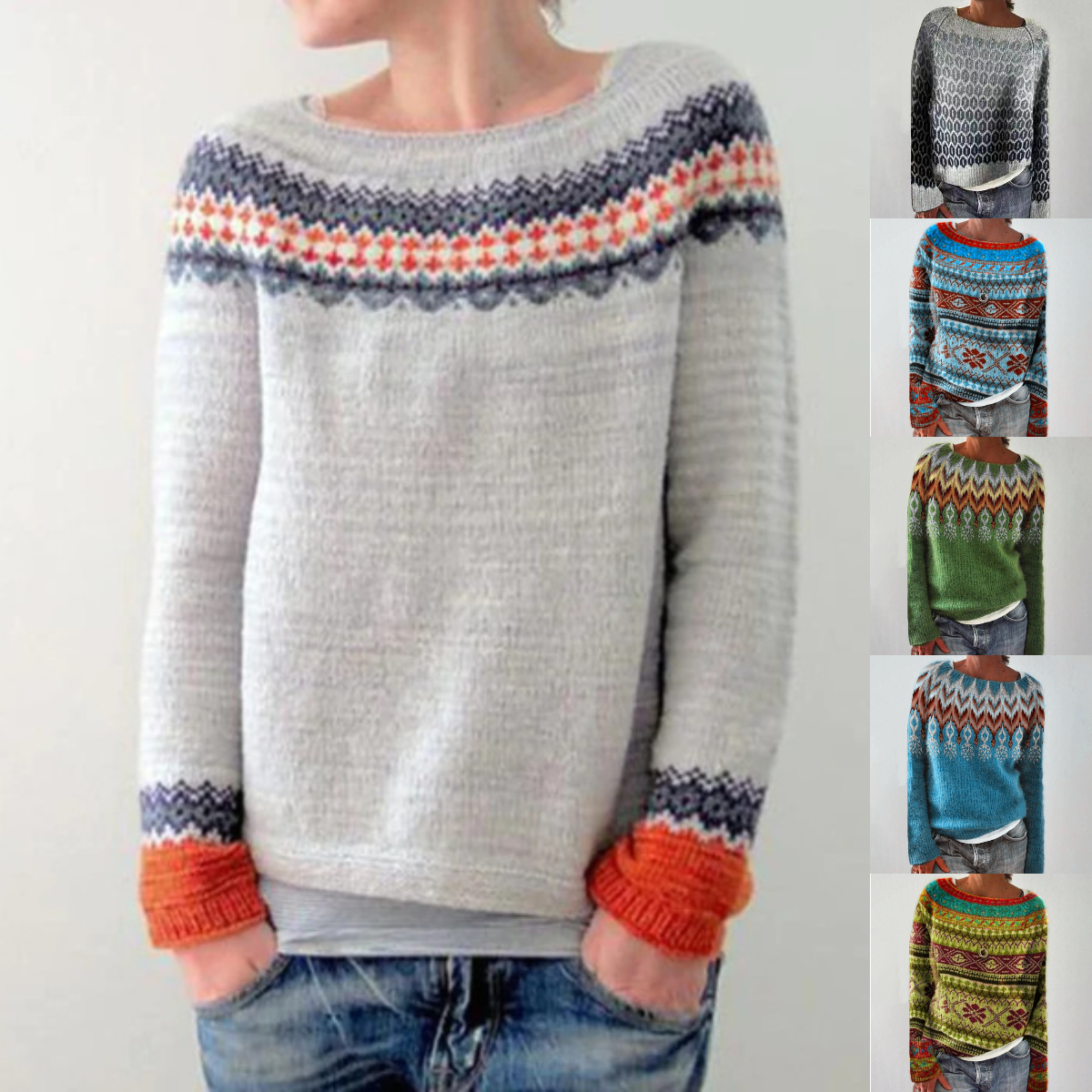 Round Neck Colorblock Loose Stylish Pullover Sweater