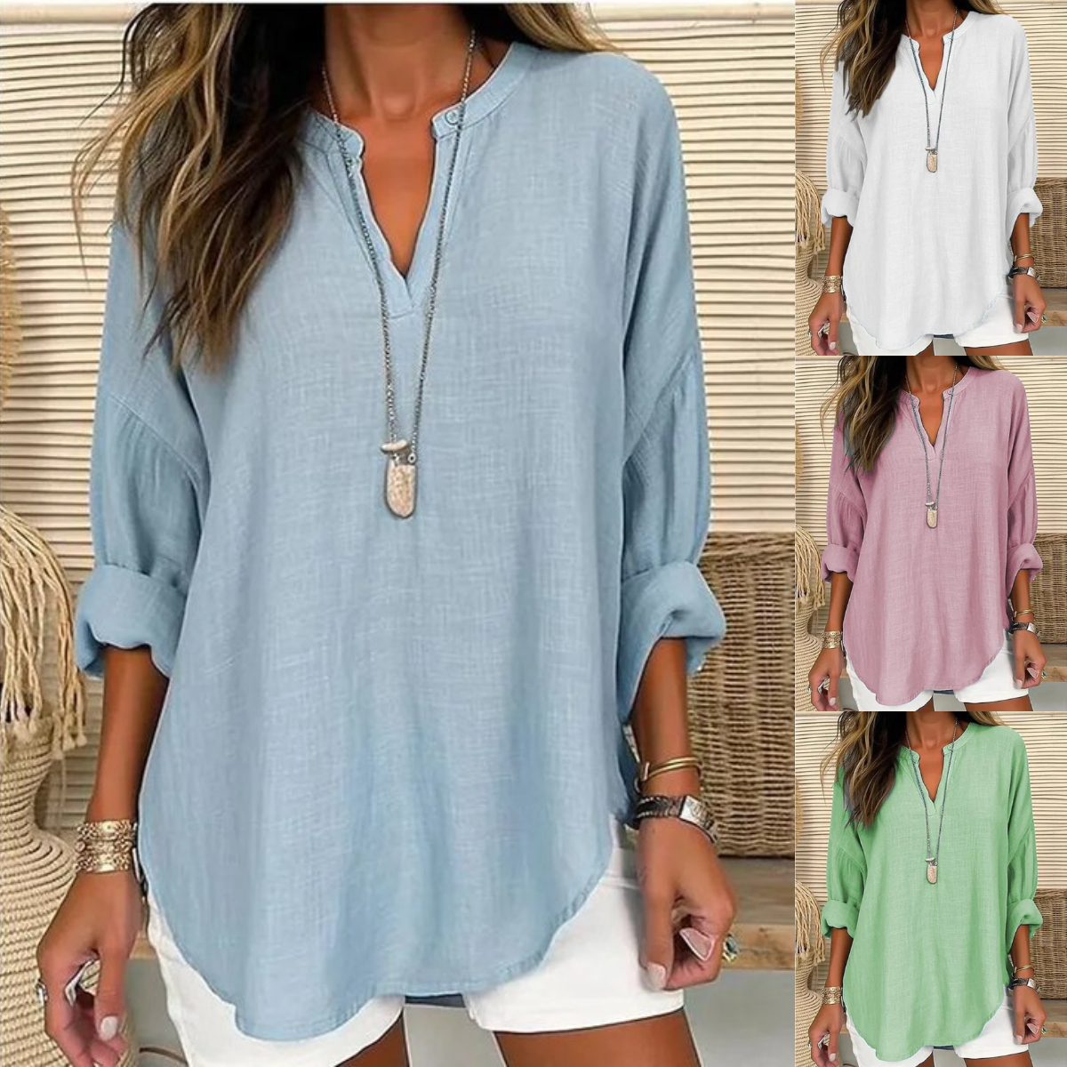 Women's Shirt  Long Sleeve Casual Basic V Neck Linen