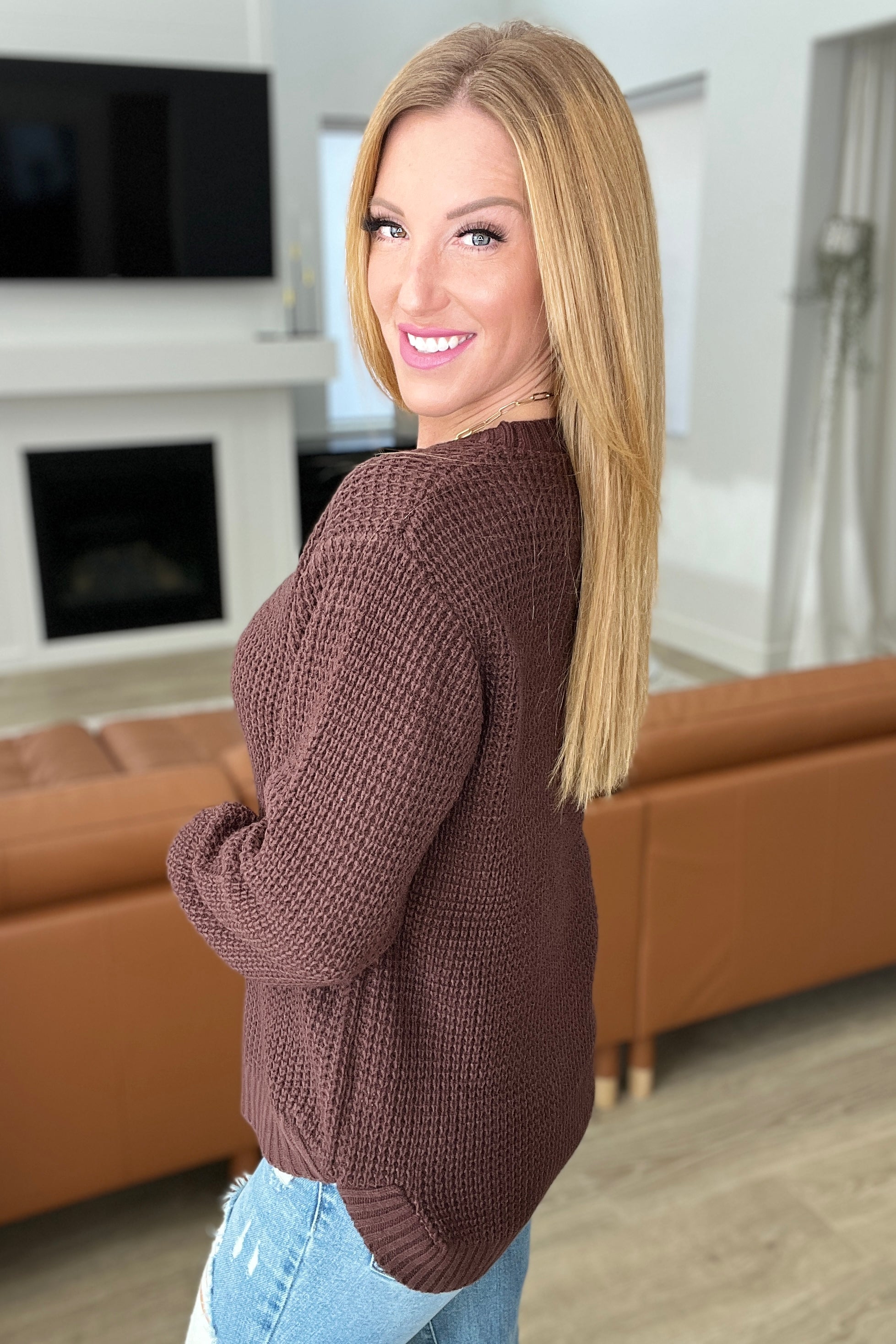 High Low Waffle Knit Sweater in Rust