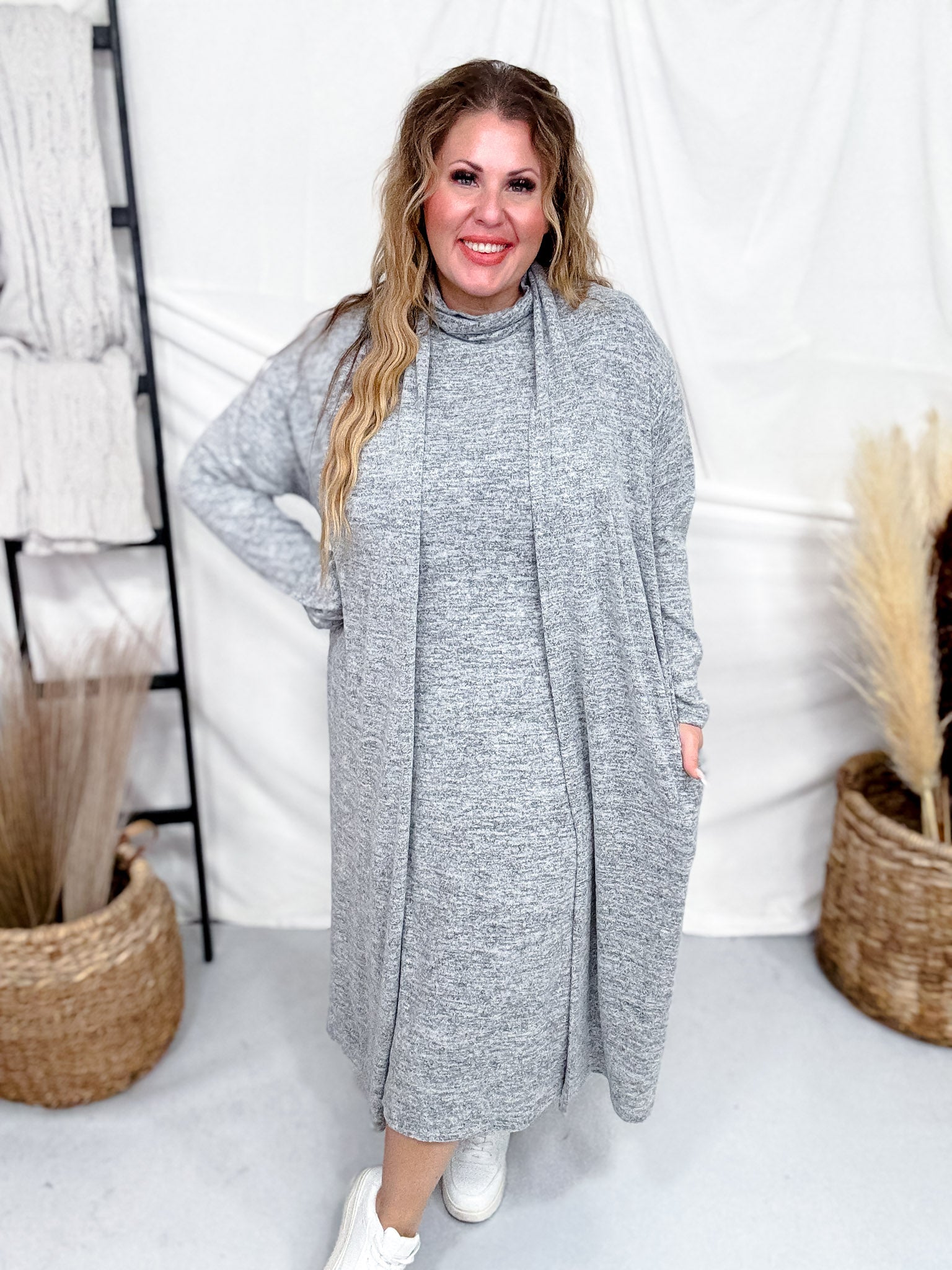 Brushed Cashmere-Feel Two Piece Dress & Cardigan Set