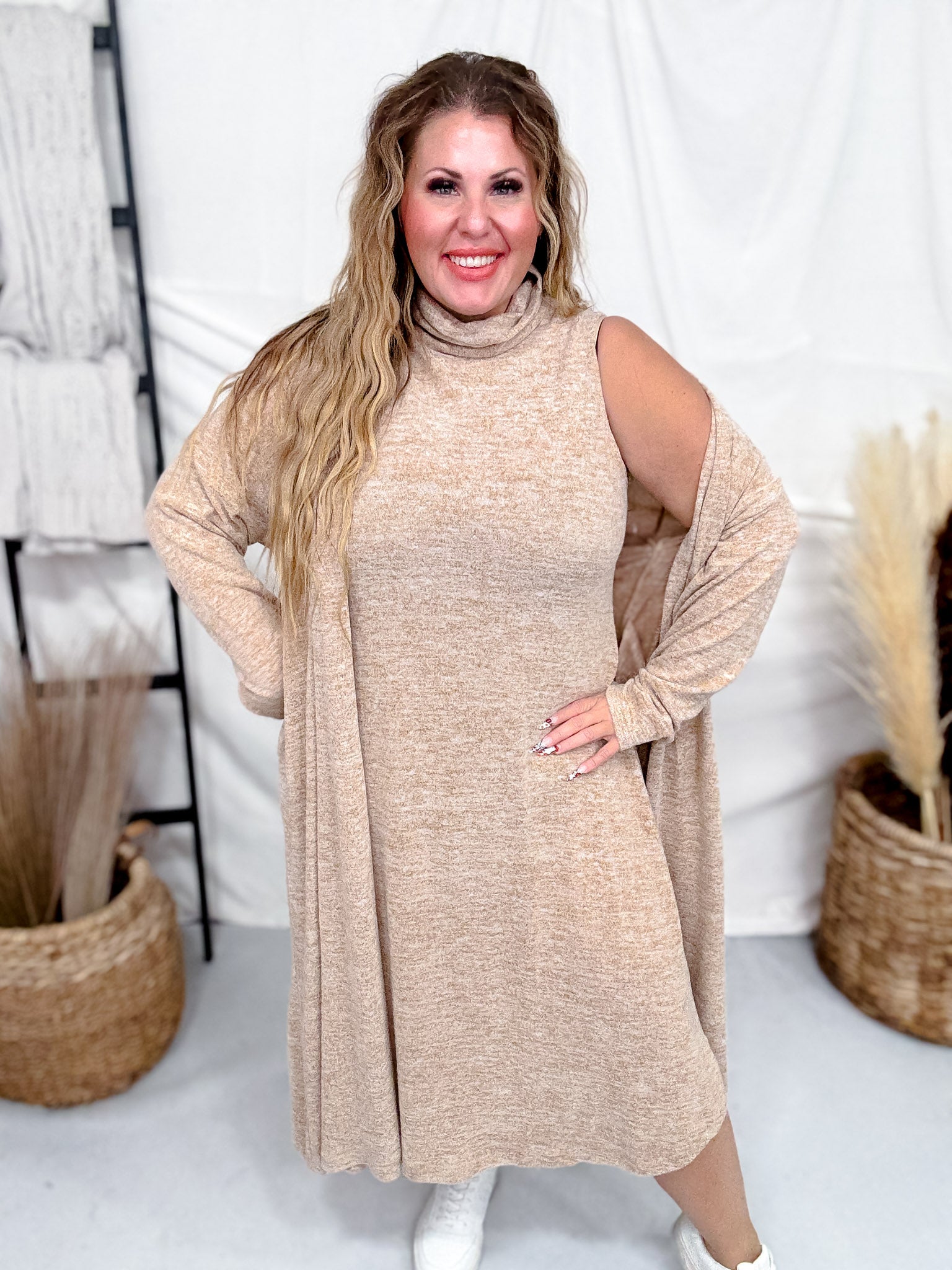 Brushed Cashmere-Feel Two Piece Dress & Cardigan Set