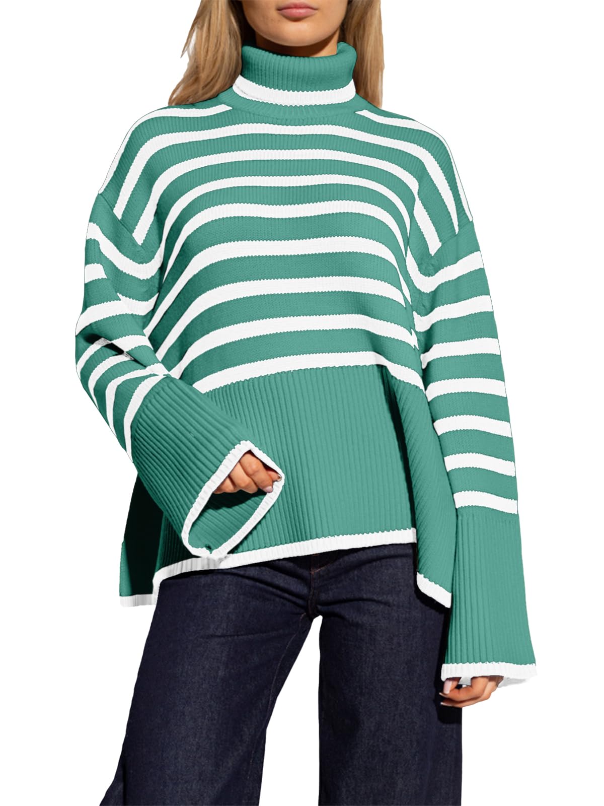 Women's Striped Turtleneck Sweater Long Sleeve Oversized Knitted Soft Pullover Sweaters Side Split