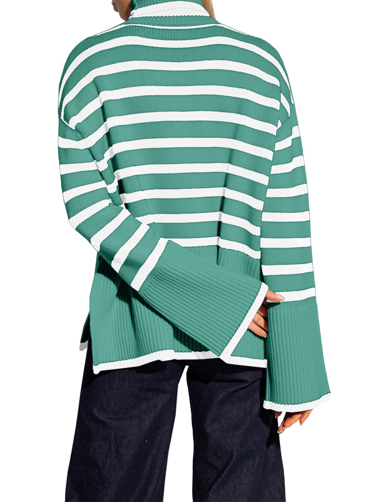 Women's Striped Turtleneck Sweater Long Sleeve Oversized Knitted Soft Pullover Sweaters Side Split