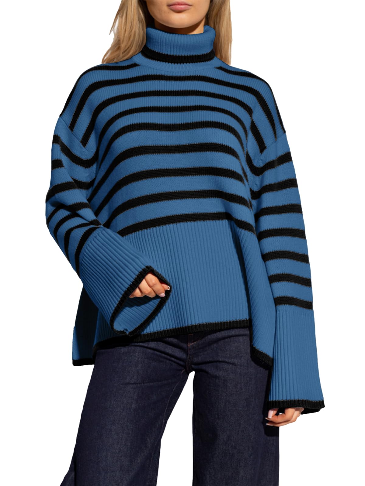 Women's Striped Turtleneck Sweater Long Sleeve Oversized Knitted Soft Pullover Sweaters Side Split