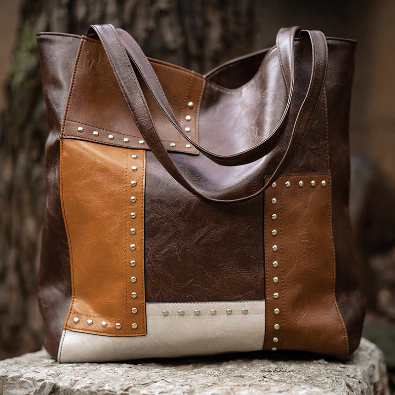 Vintage rivet contrast stitched Tote women's bag shoulder bag