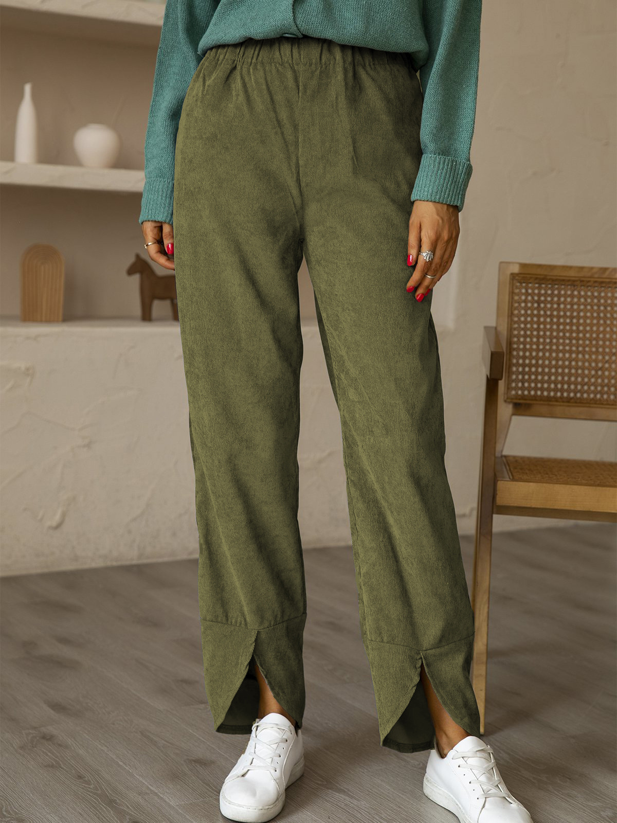 Women's thickened corduroy elastic waist straight casual pants