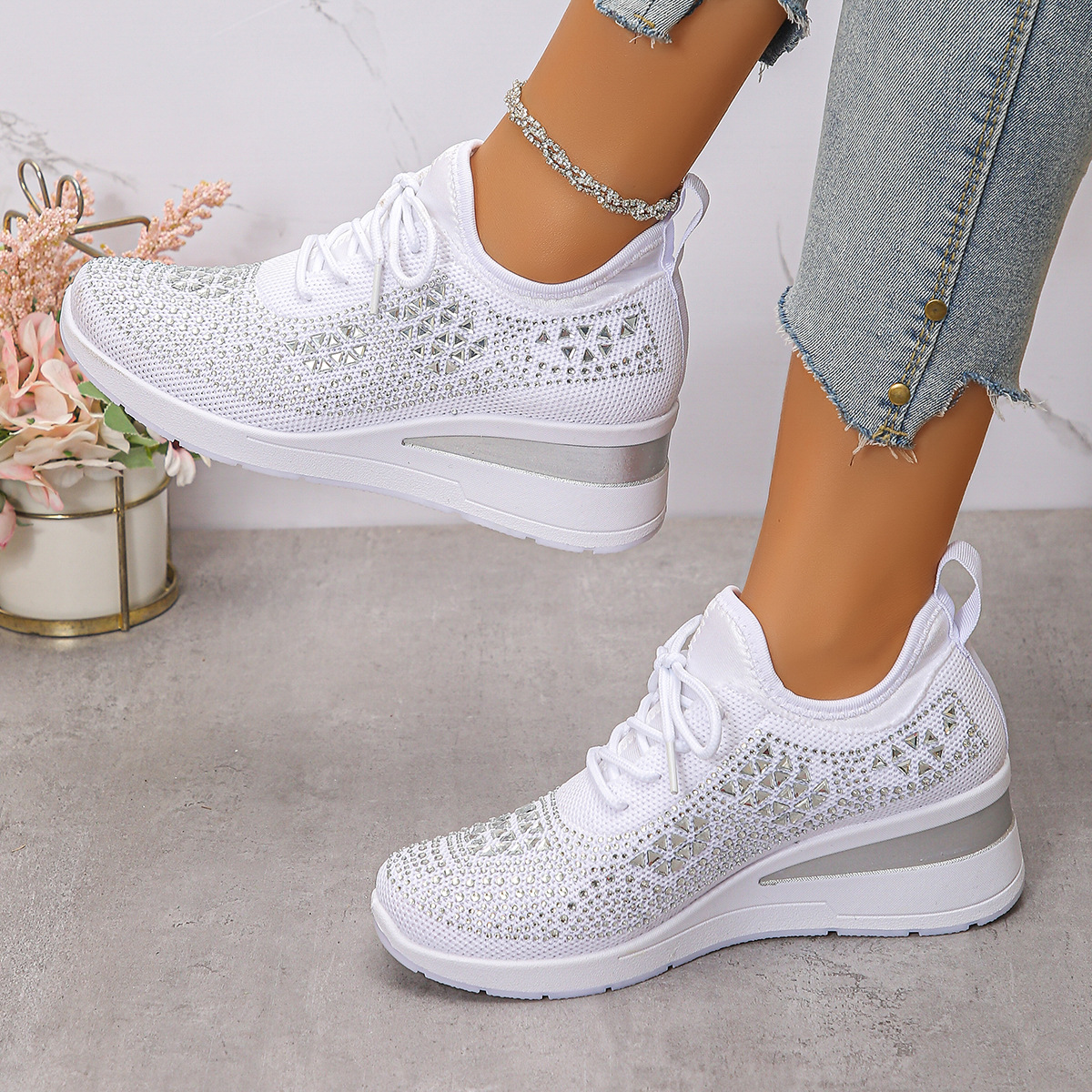 Women's Glittery Rhinestone Fashion Breathable Wedge Sneakers
