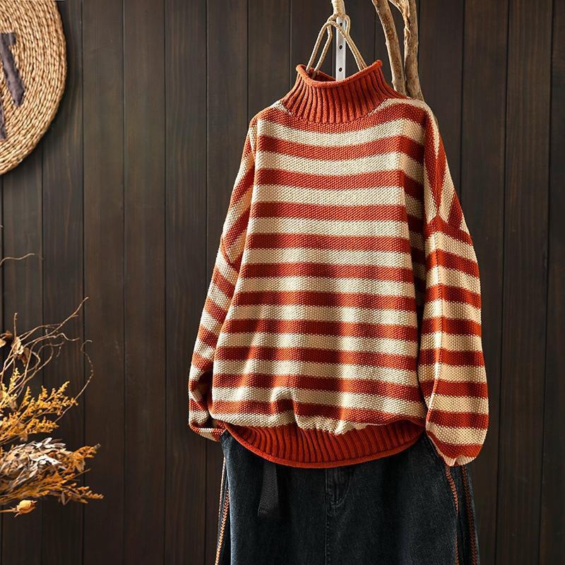 Cross-border 2023 autumn and winter new style retro style striped contrast half turtleneck sweater for women loose casual bottoming sweater