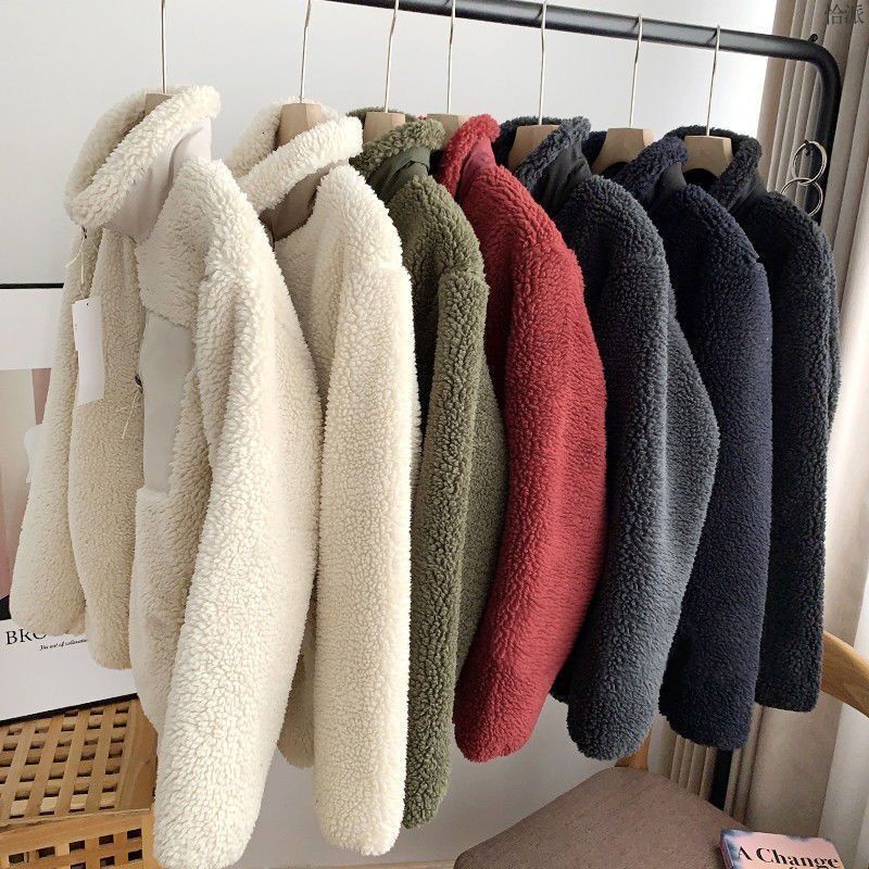 Women's short cardigan plush jacket lamb wool coat