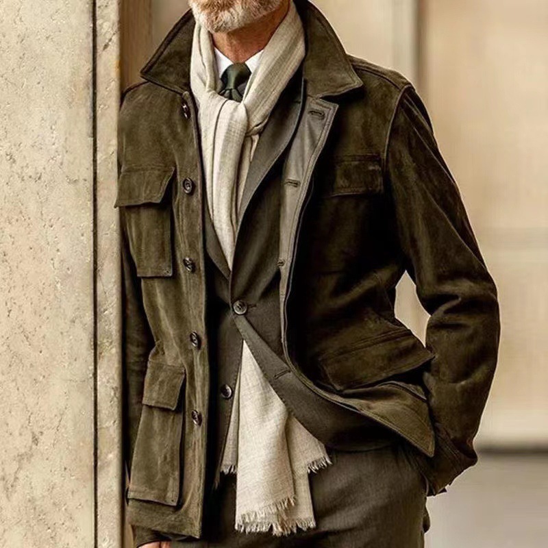 2023 new European and American cross-border spring and autumn foreign trade fit men's cowhide velvet casual jacket windbreaker with multiple pockets