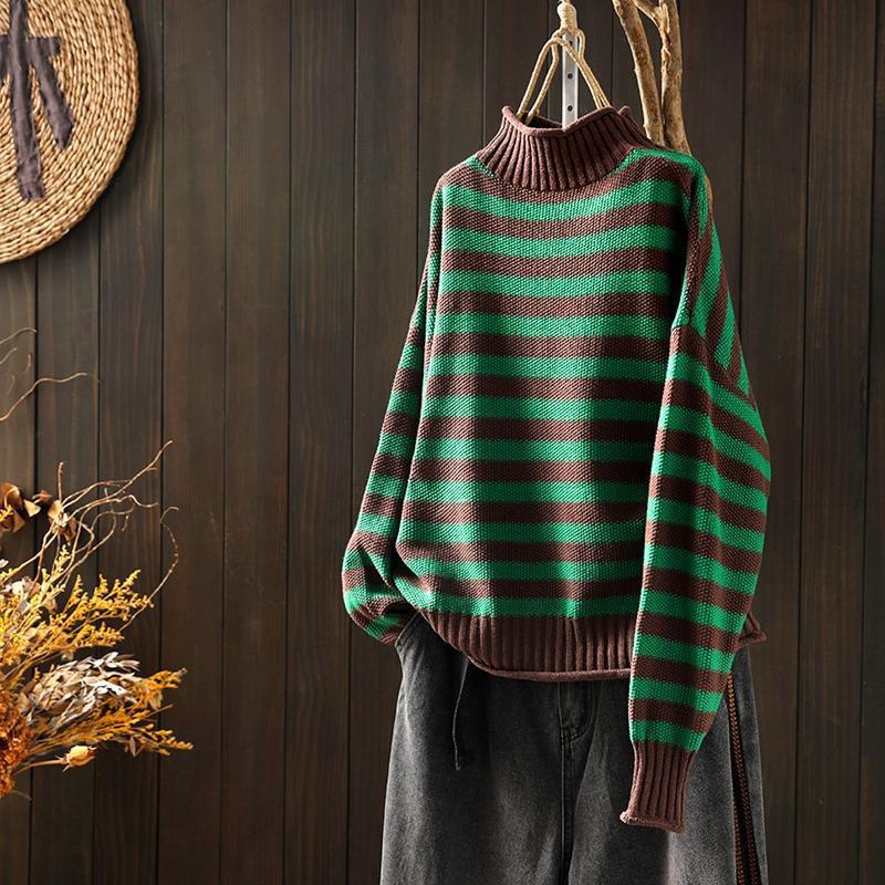 Cross-border 2023 autumn and winter new style retro style striped contrast half turtleneck sweater for women loose casual bottoming sweater
