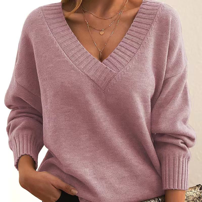 Women's loose V-neck casual versatile knitted sweaters·