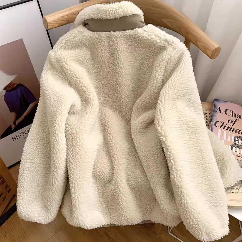 Women's short cardigan plush jacket lamb wool coat
